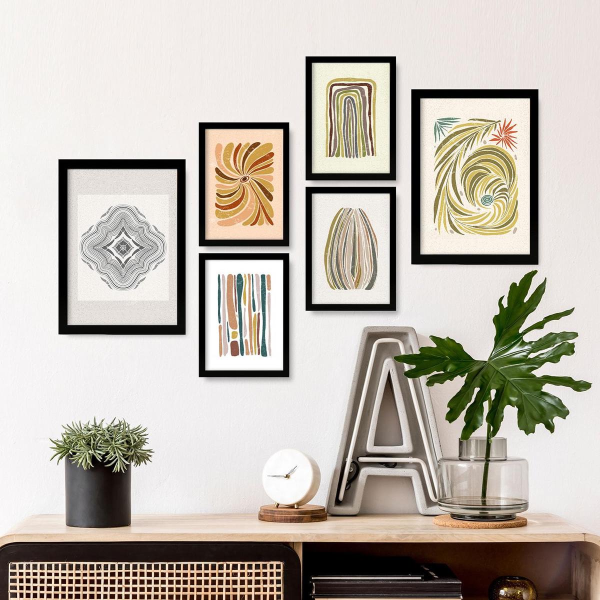 POSTER Set Mit 6 Drucken Von Linien In Der Sammlung Von Ethnischenen Ästhetische Dekorative Rahmen Für Zuhause Wandkunstdruck A3 & A4 Schwarzer Rahmen - Schwarz, Papier (29/3cm) - Nacnic