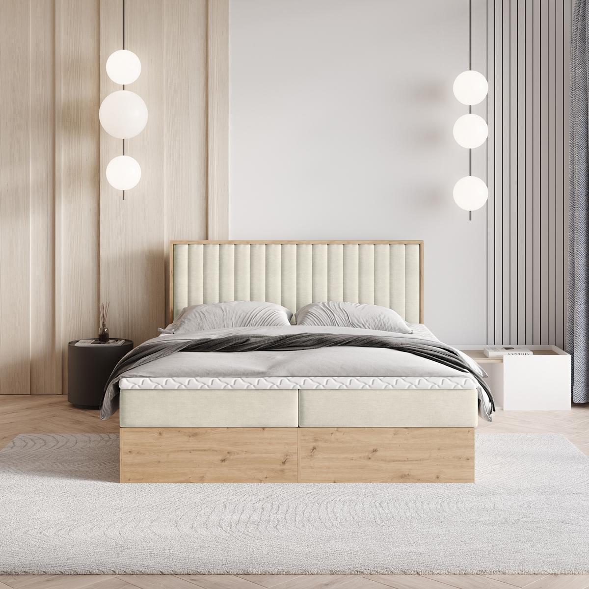 BOXBETT VARELI 140x200 cm mit Matratze und Topper - Creme - Creme, Holz (140/200cm) - MASSENO