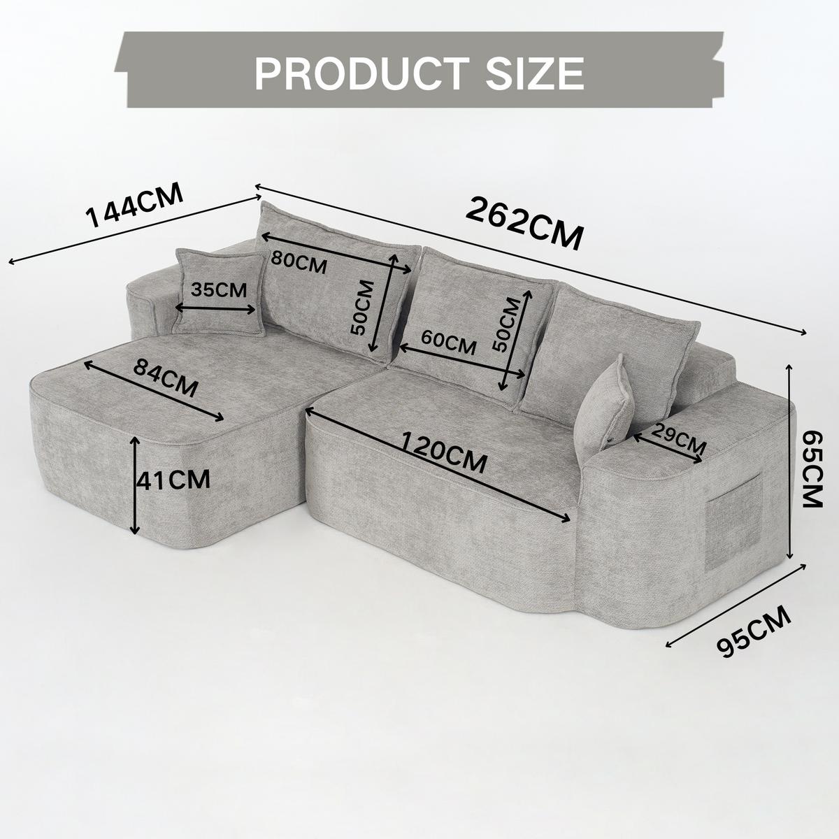 ECKSOFA Modulares L-Form in Chenille Montagefrei - Hellgrau, Textil (262/144cm) - Urban Meuble