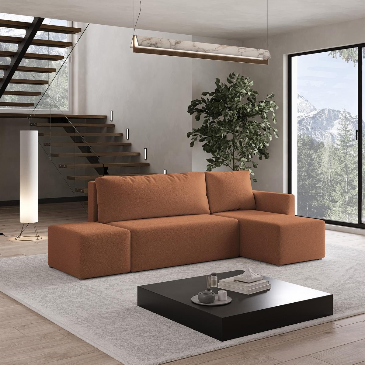 ECKSOFA VELOTTI R-S Kupferfarben Boucle-Stoff mit Schlaffunktion - Kupferfarben, Holz (261/143cm) - MASSENO