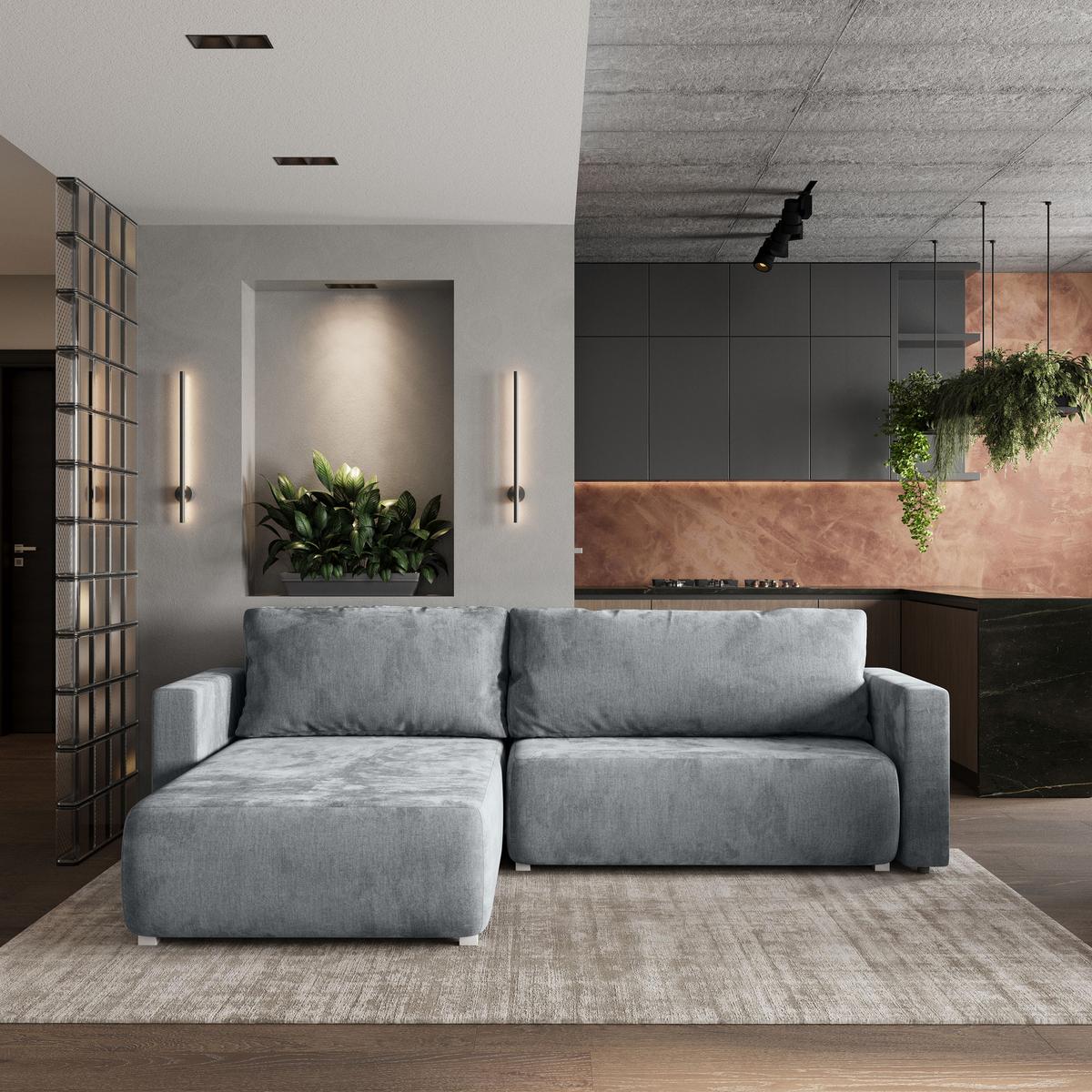 ECKSOFA TURIN M Hellgrau Velours-Stoff mit Schlaffunktion - Hellgrau/Grau, Holz/Kunststoff (265/183cm) - MASSENO
