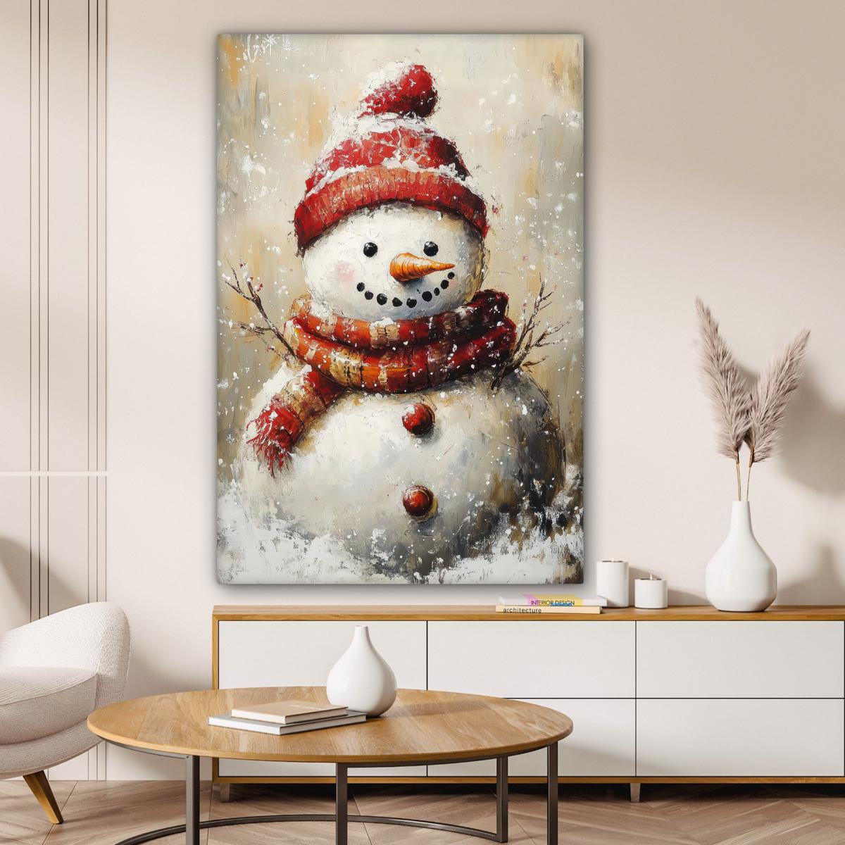 LEINWANDBILD Schneemann - Winter - Schnee - Beige Deko Groß 90x140 cm - Weiß, Textil (90/140cm) - MuchoWow