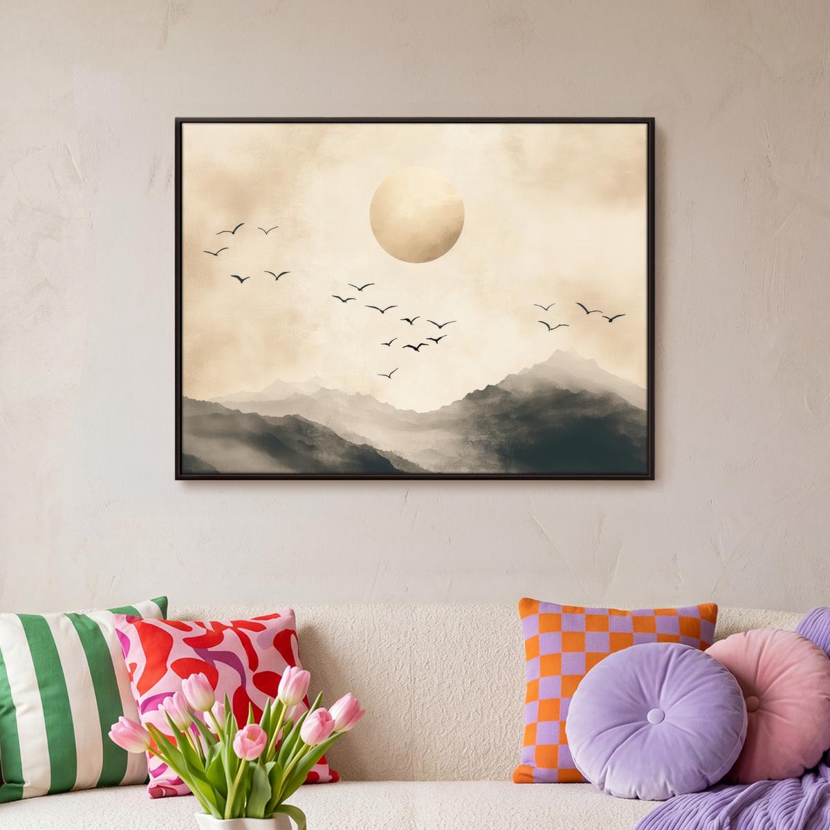 LEINWAND Bilder mit Rahmen - Landschaft - Japandi - Vogel - 80x60 - Beige, Textil (80/60cm) - MuchoWow