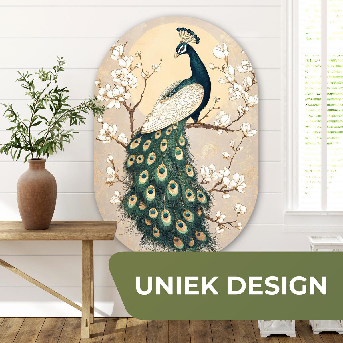 WANDBILD Pfau - Zweig - Blumen Deko Groß 80x120 cm - Champagner, Kunststoff (80/120cm) - MuchoWow
