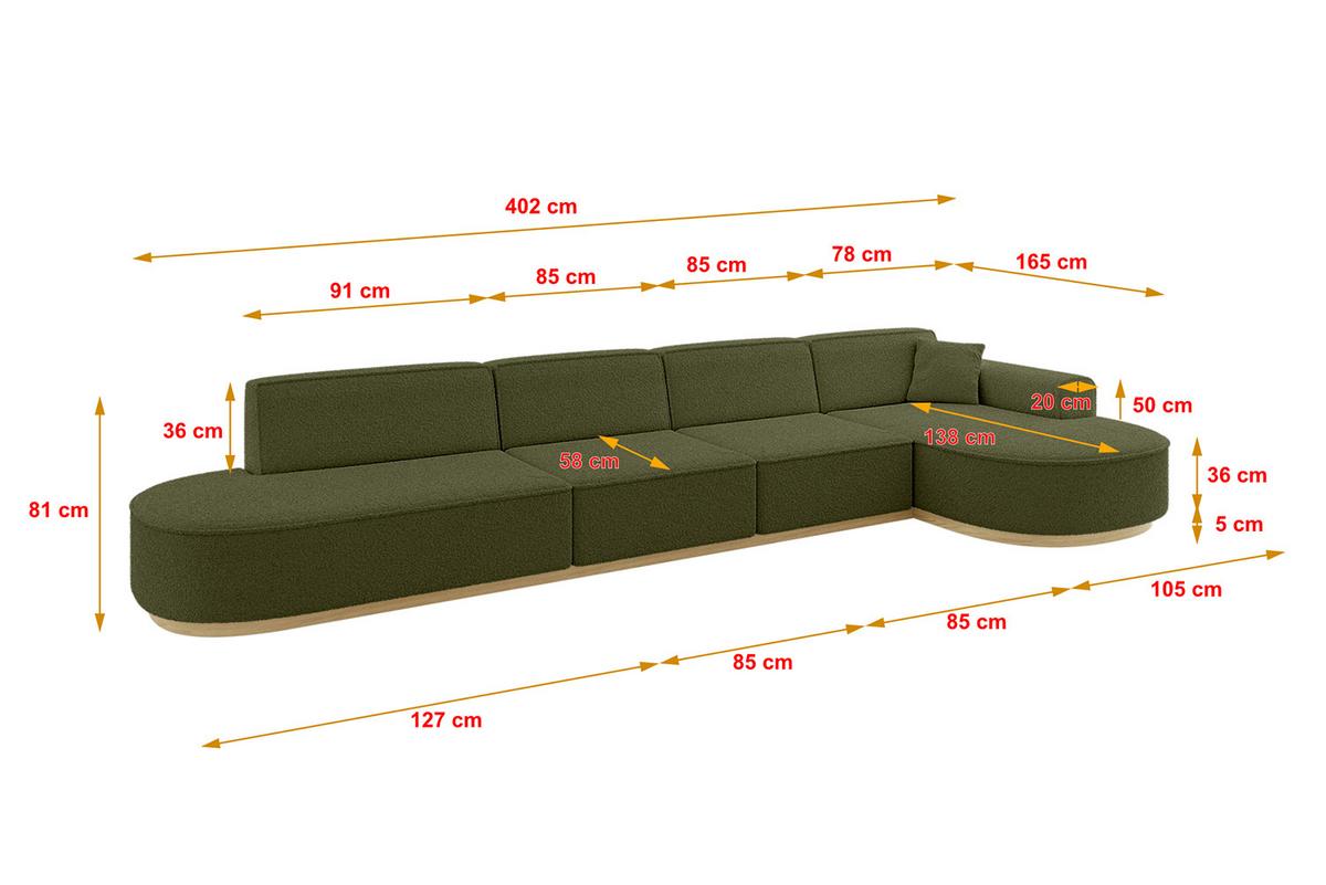 ECKSOFA Ottomane Rechts MARI-L3-v2 - 413x171x83 cm Grün Bouclé - Grün, Holzwerkstoff/Textil (171/413cm) - ALTDECOR