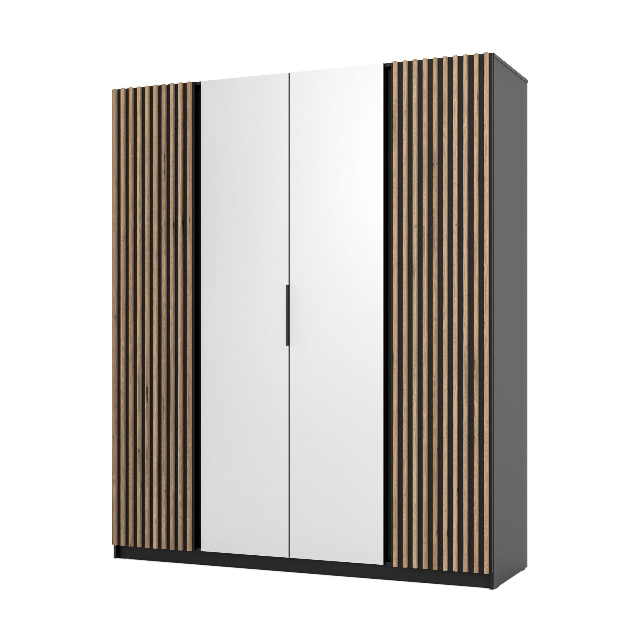 DREHTÜRENSCHRANK CAGLIARI 200/239/61,9cm 4-türig mit Spiegel Schwarz - Schwarz, Holzwerkstoff (200/239/61.9cm) - MASSENO