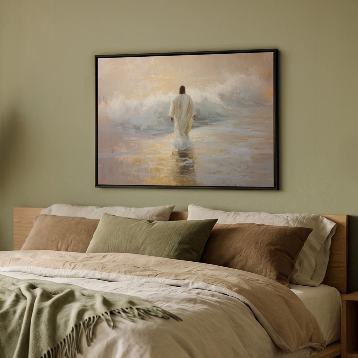 LEINWAND Bilder mit Rahmen - Gemälde - Welle - Jesus - Abstrakt - 70x50 - Goldfarben, Textil (70/50cm) - MuchoWow