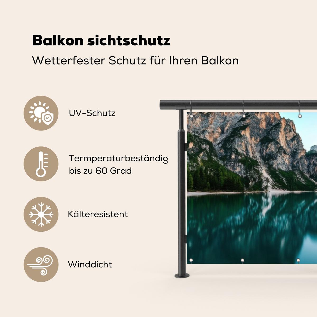 BALKON-SICHTSCHUTZ See - Berge - Sonnenuntergang - Boot Deko XXL 500x120 cm - Petrol, Kunststoff (500/120cm) - MuchoWow
