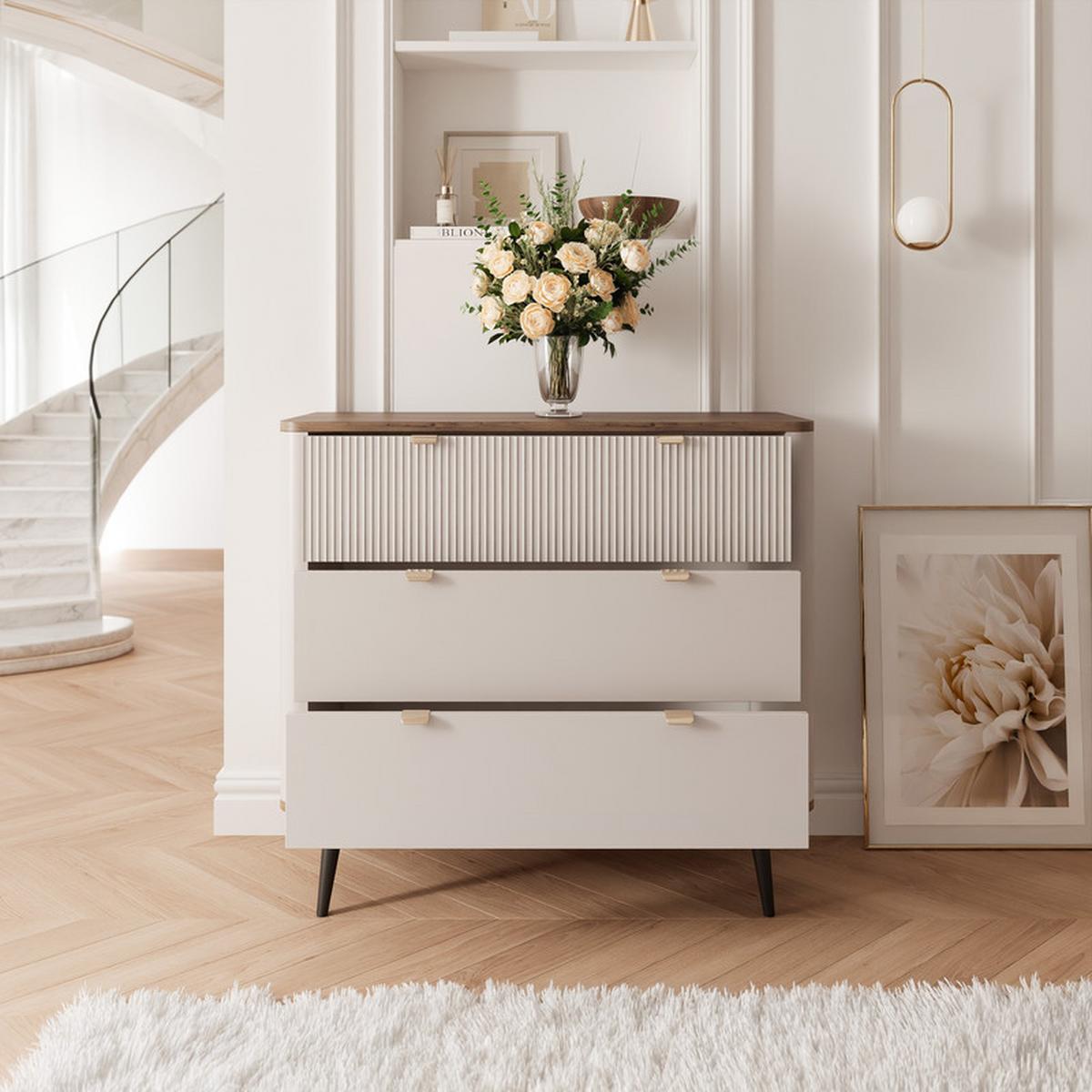 KOMMODE NAVANI 90 cm, 3 Schublade(n) Kaschmir / Nussbaum - Nussbaumfarben/Schwarz, Holzwerkstoff/Metall (90/82/40cm) - Idohome