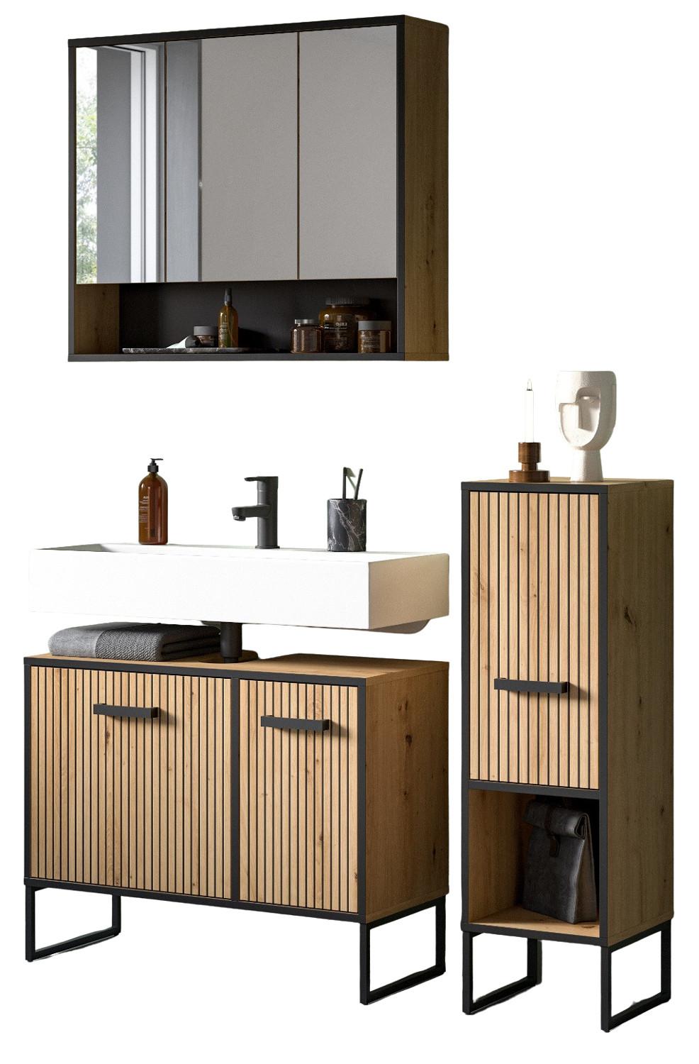 BADMÖBEL-SET 3-teilig Eiche Artisan, schwarz 125 cm, Badkombination mit Soft-Close - Schwarz/Eiche Artisan, Glas/Holzwerkstoff (125/192/36cm) - Inn.Furn
