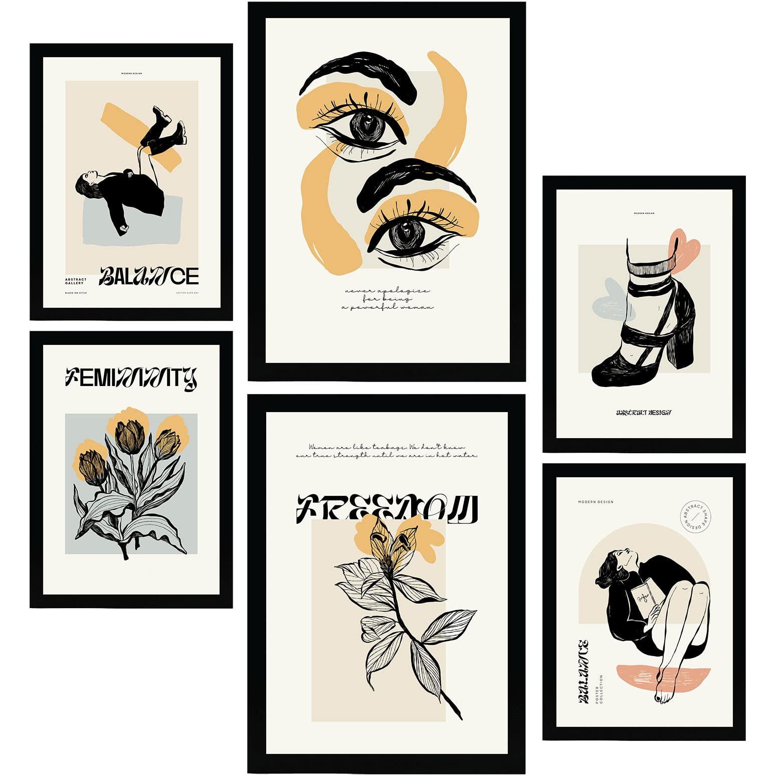 POSTER Set Mit 6 In Schwarzer Tinte Mächtig Kunstdrucke Im Skizzenstil Für Innenarchitektur A3 & A4 Schwarzer Rahmen - Schwarz, Papier (29/3cm) - Nacnic