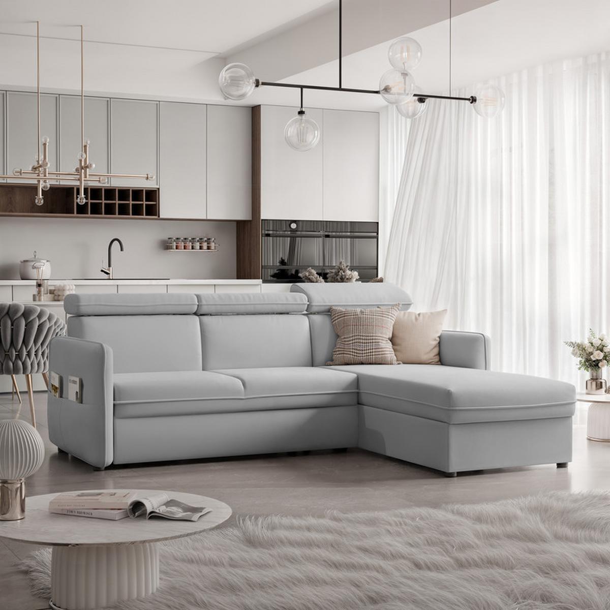 ECKSOFA BENI mit Schlaffunktion und Bettkasten, Stoff Hellgrau - Hellgrau, Kunststoff/Textil (220/160cm) - Idohome