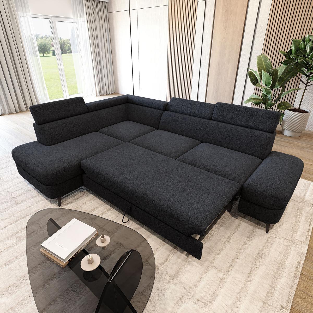 ECKSOFA AVISE Q L-S Schwarz Boucle-Stoff mit Schlaffunktion - Schwarz, Holzwerkstoff/Textil (268/195cm) - MASSENO