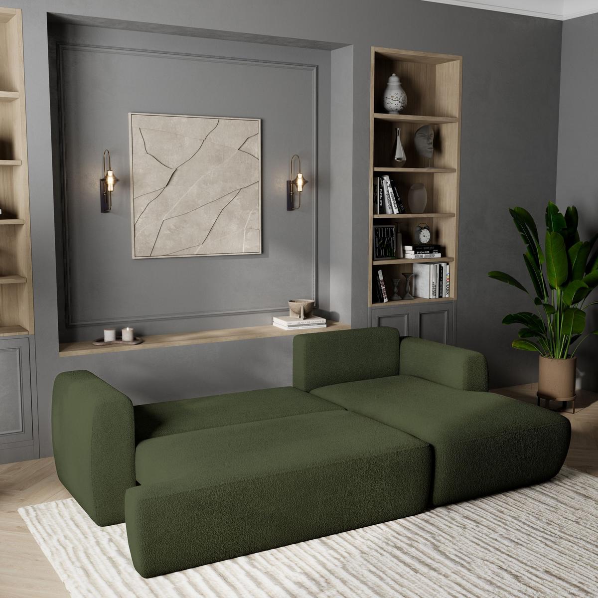 ECKSOFA SENTI N R-S Grün Boucle-Stoff mit Schlaffunktion - Schwarz/Grün, Holz/Kunststoff (246/148cm) - MASSENO