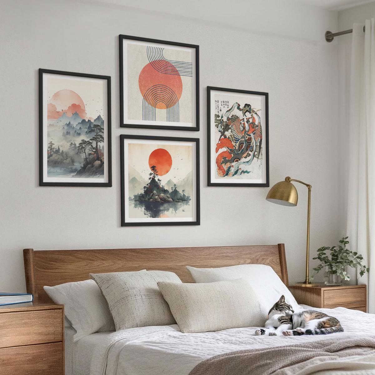 BILDER SET 4er Set - 50x50 cm & 40x60 cm Schwarzer Rahmen - Asiatische Landschaften Japandi - Schwarz, Kunststoff (50/50cm) - TULUP