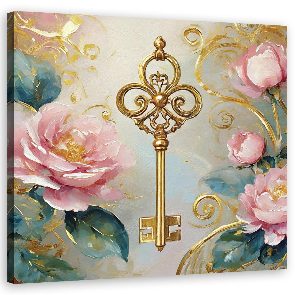 WANDBILD schlüssel gold glamour rosen - Pink, Textil (30/30cm) - Feeby