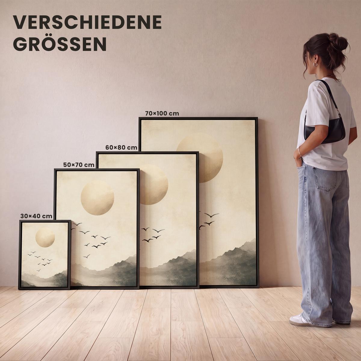 LEINWAND Bilder mit Rahmen - Landschaft - Japandi - Vogel - 70x100 - Beige, Textil (70/100cm) - MuchoWow