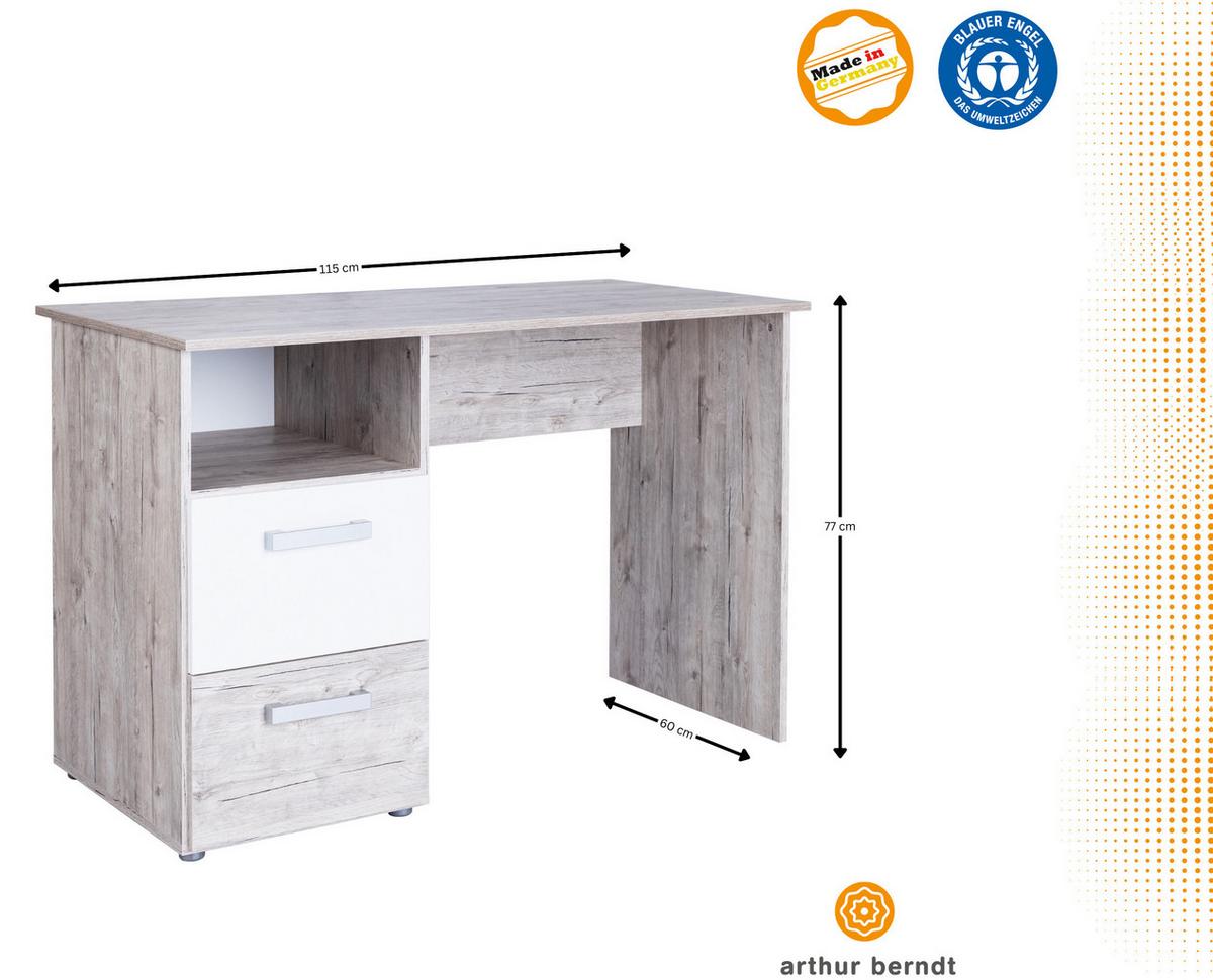 SCHREIBTISCH Bente mit 2 Schubkästen - Eichefarben/Weiß, Holzwerkstoff (115/77/60cm) - arthur berndt