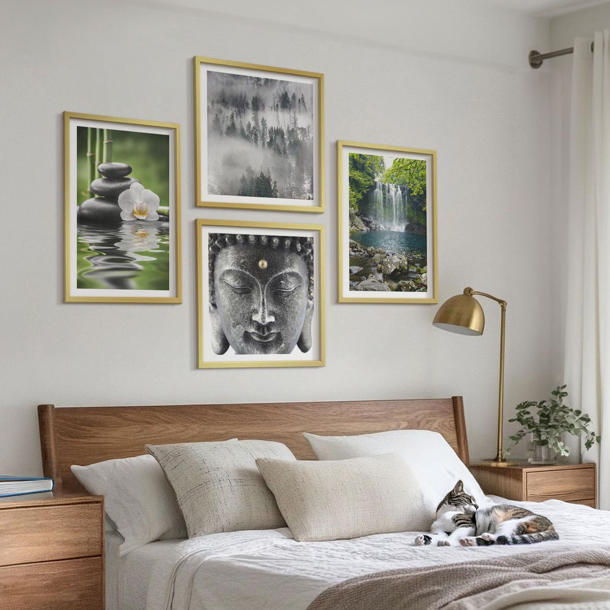 BILDER SET 4er Set - 50x50 cm & 40x60 cm Goldrahmen - Harmonie der Natur, Steine, Wasser, Buddha - Goldfarben, Kunststoff (50/50cm) - TULUP
