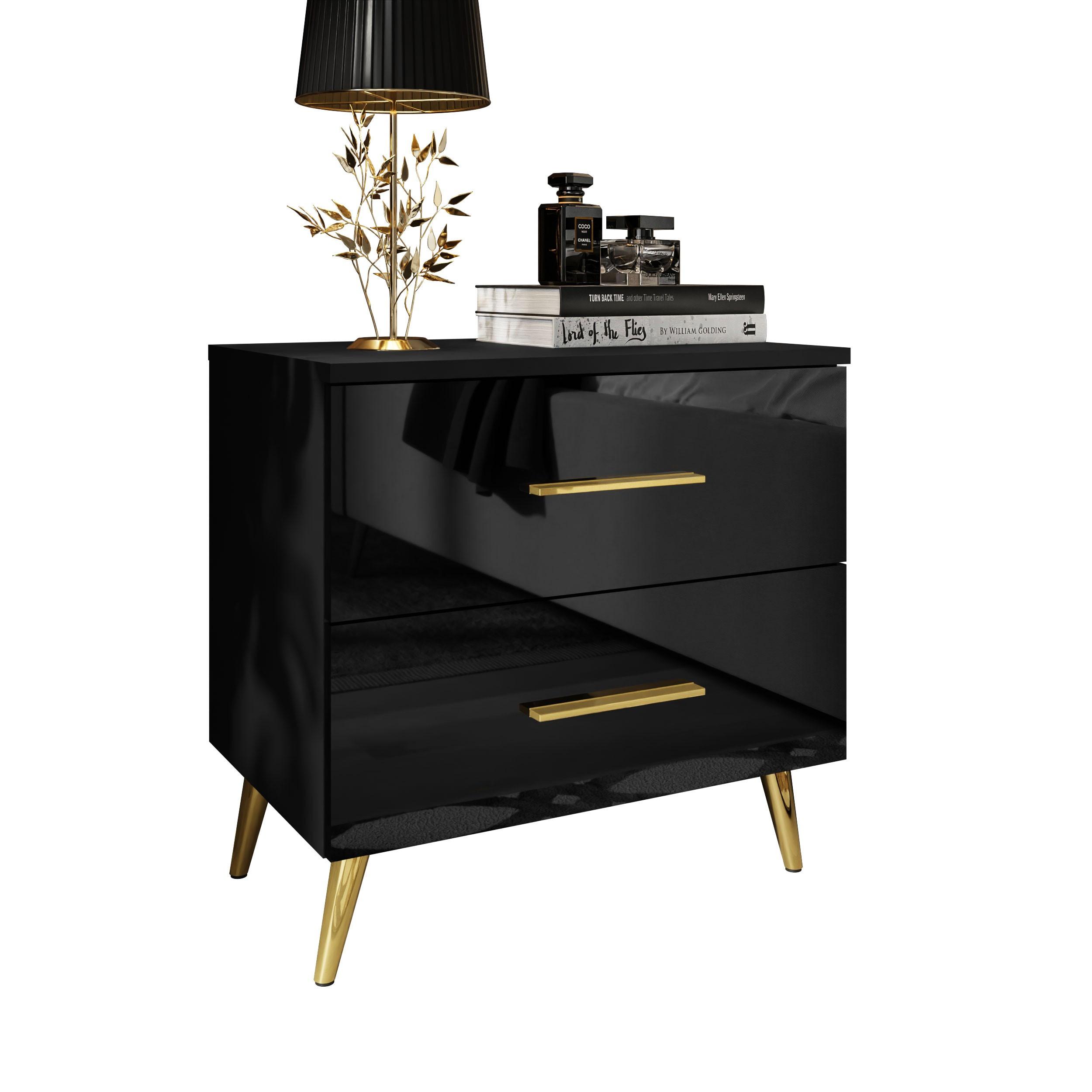 NACHTTISCH AURA mit Griffen, goldenen Beinen - Schwarz, Holzwerkstoff (55/55/37cm) - Lookway