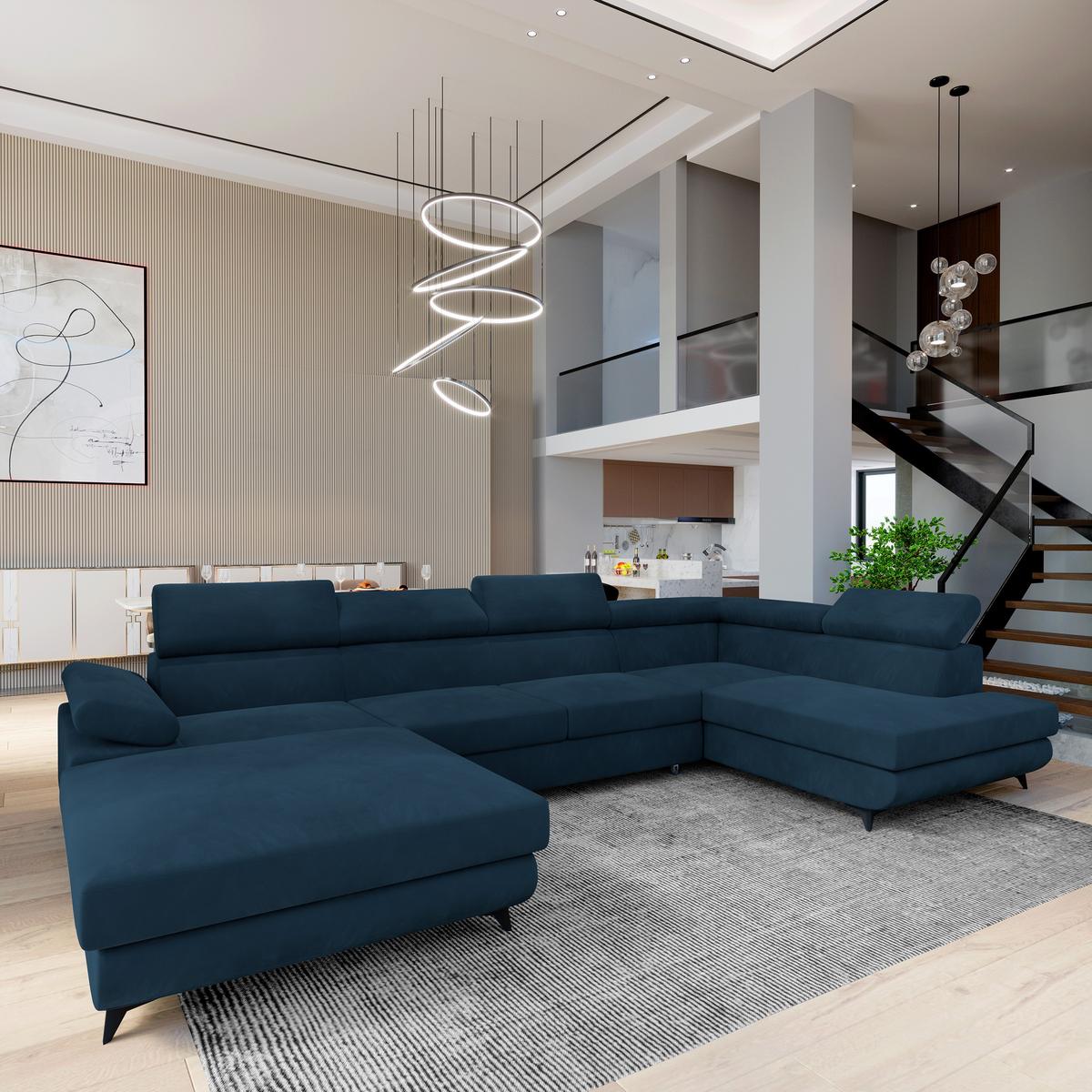 WOHNLANDSCHAFT RUBANO R-S Blau Velours-Stoff mit Schlaffunktion - Blau, Holz (339/89/190cm) - MASSENO
