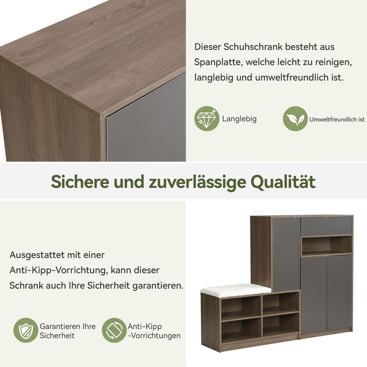 SCHUHSCHRANK in Grau mit Sitzkissen & grifflosen Türen - Grau, Holzwerkstoff (140/110/35cm) - Urban Meuble