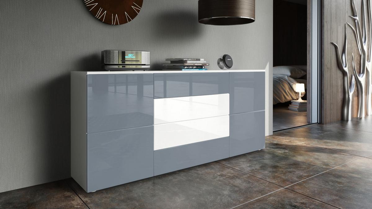 SIDEBOARD Rova Grau Hochglanz / Weiß Hochglanz - Grau, Holzwerkstoff (166/72/35cm) - Vladon