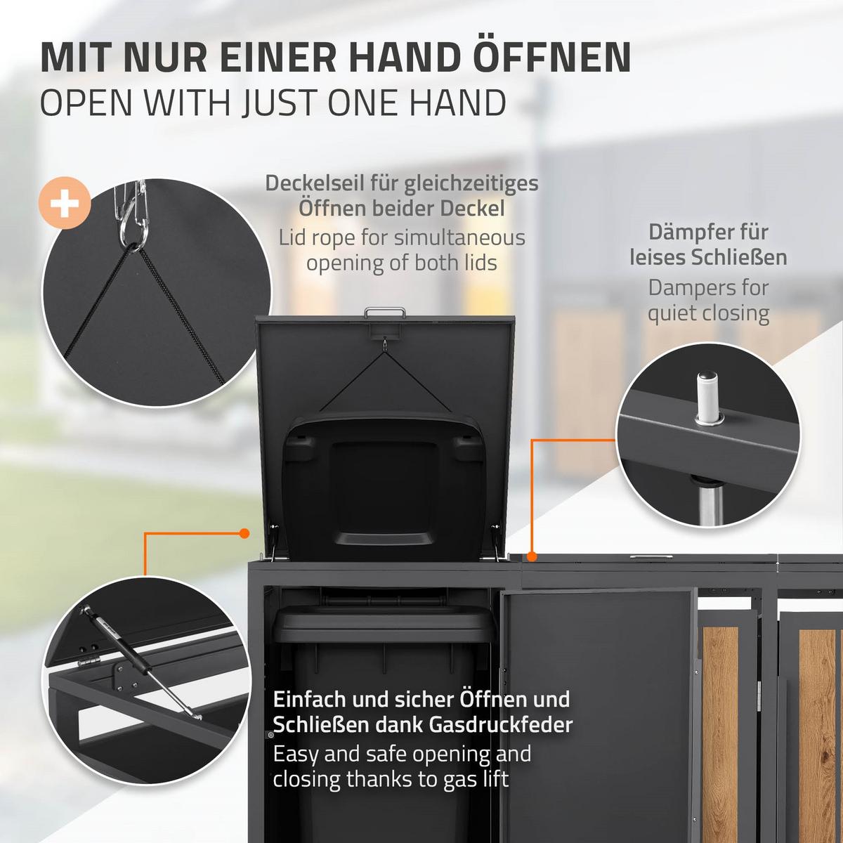 MÜLLTONNENBOX 3er 240L 196x80x120 cm Anthrazit-Eiche hell aus Stahl - Hellbraun, Metall (80/120/196cm) - ML-DESIGN
