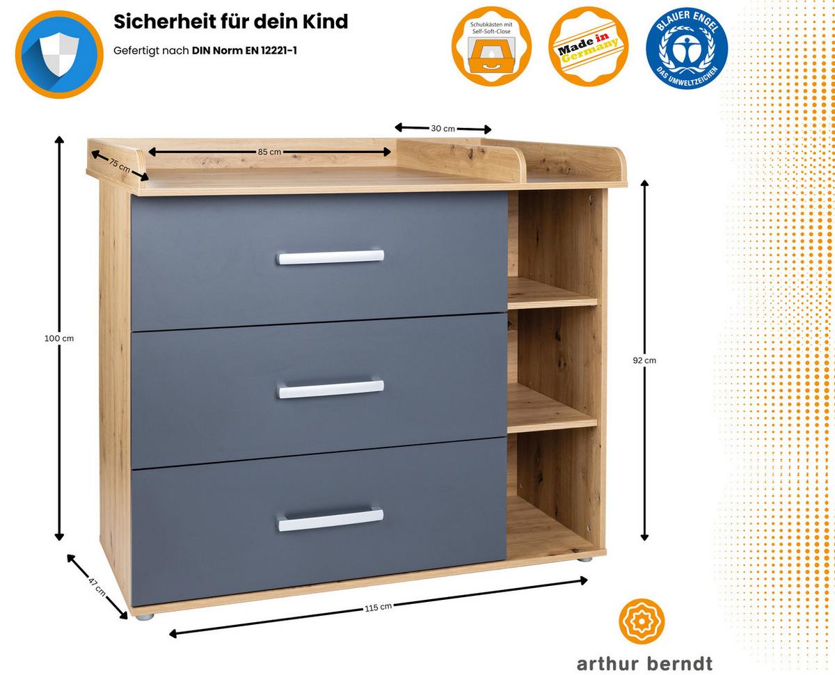 WICKELKOMMODE Alessio 115/100/75 cm Anthrazit Artisan Oak - Anthrazit/Silberfarben, Holzwerkstoff/Kunststoff (115/100/75cm) - arthur berndt