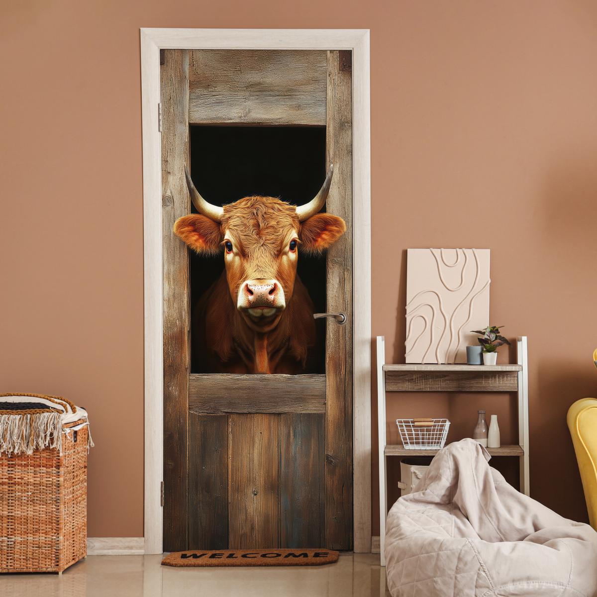TÜRAUFKLEBER Kuh - Fenster - Holz - Tiere 90x235 cm - Türtapete - Wengefarben, Kunststoff (90/0.1cm) - MuchoWow