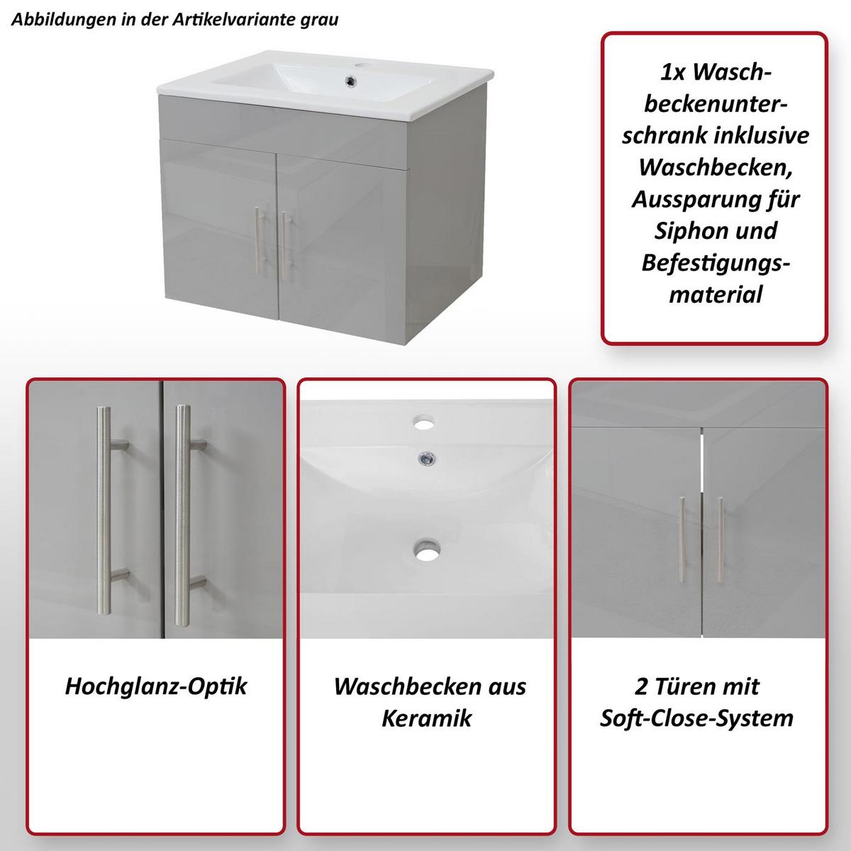 WASCHBECKEN + UNTERSCHRANK Hochglanz Hellgrau - Grau, Holzwerkstoff (61/50/48cm) - MCW