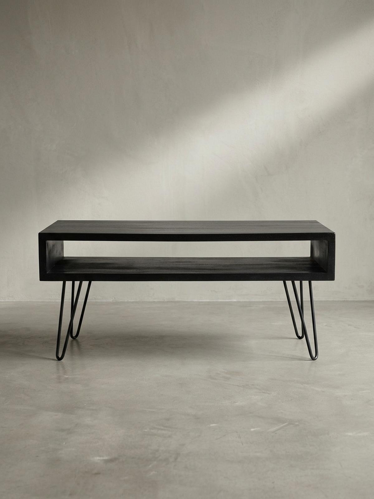 COUCHTISCH Mango Massivholz Metall 100x50x40cm mit Stauraum und Haarnadelbeinen - Schwarz, Holz/Metall (50/100/40cm) - KADIMA DESIGN