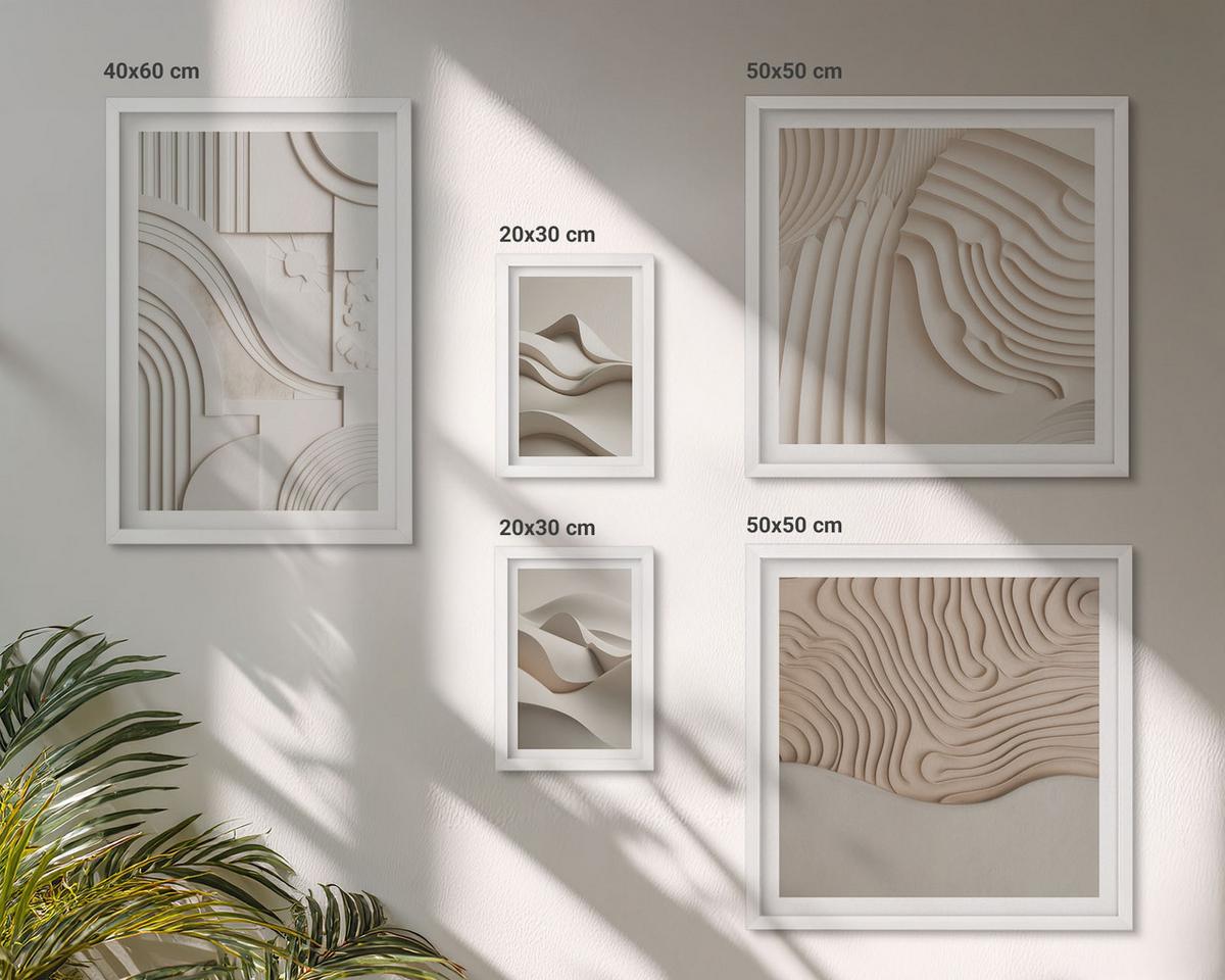 BILDER SET 5er Set - 50x50 cm & 20x30 cm & 40x60 cm Weißer Rahmen - Abstrakte beige Wellen - Weiß, Kunststoff (40/60cm) - TULUP