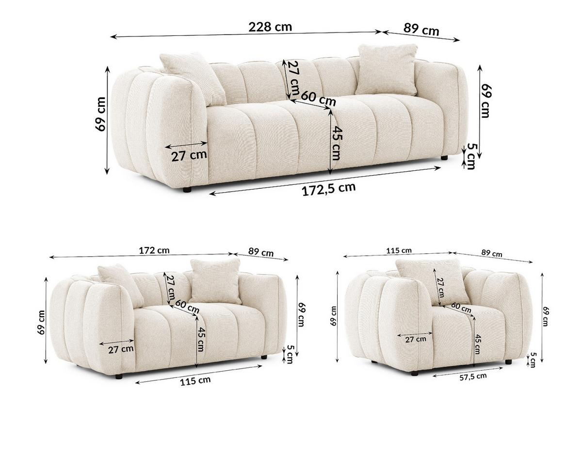 SITZGARNITUR 3+2+1 Nubira in tief gesteppter Bubble-Optik aus weichem Hellbeige Strukturstoff im modernen Design - Beige/Schwarz, Holz/Kunststoff (228/69/89cm) - S-Style Möbel