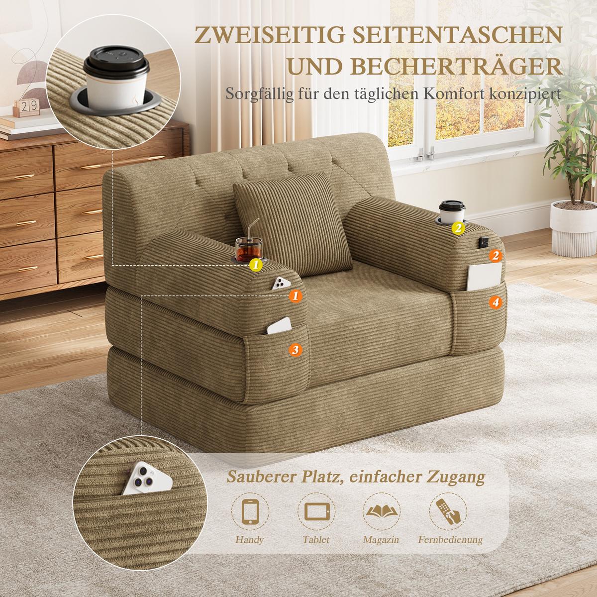 SCHLAFSOFA Cord mit Schlaffunktion, Getränkehalter & Taschen - Sandfarben, Textil (107/81/80cm) - Urban Meuble