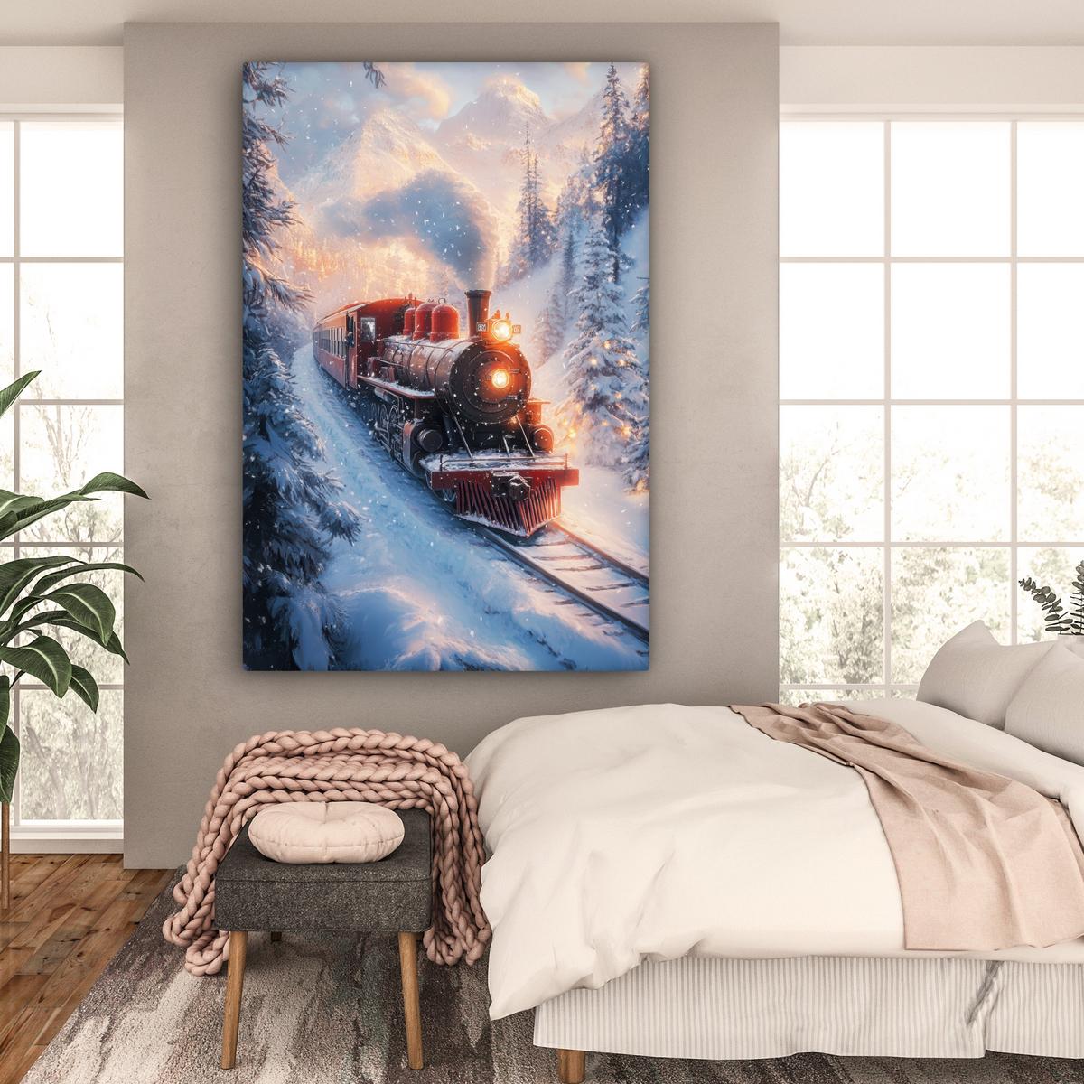 LEINWANDBILD Weihnachtszug - Schnee - Winter - Weihnachten Deko Groß 90x140 cm - Dunkelrot, Textil (90/140cm) - MuchoWow