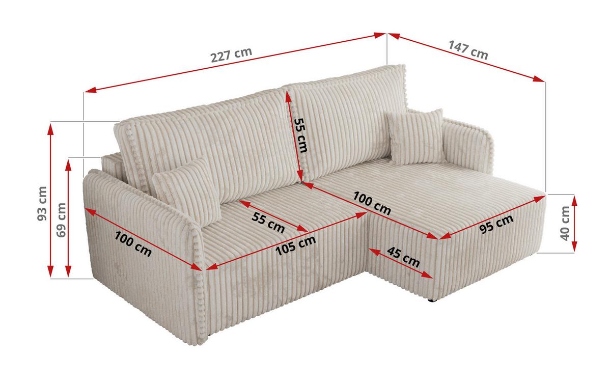 ECKSCHLAFSOFA MESTO L Beige Cord - links - Beige/Schwarz, Kunststoff/Textil (227/147cm) - MKS