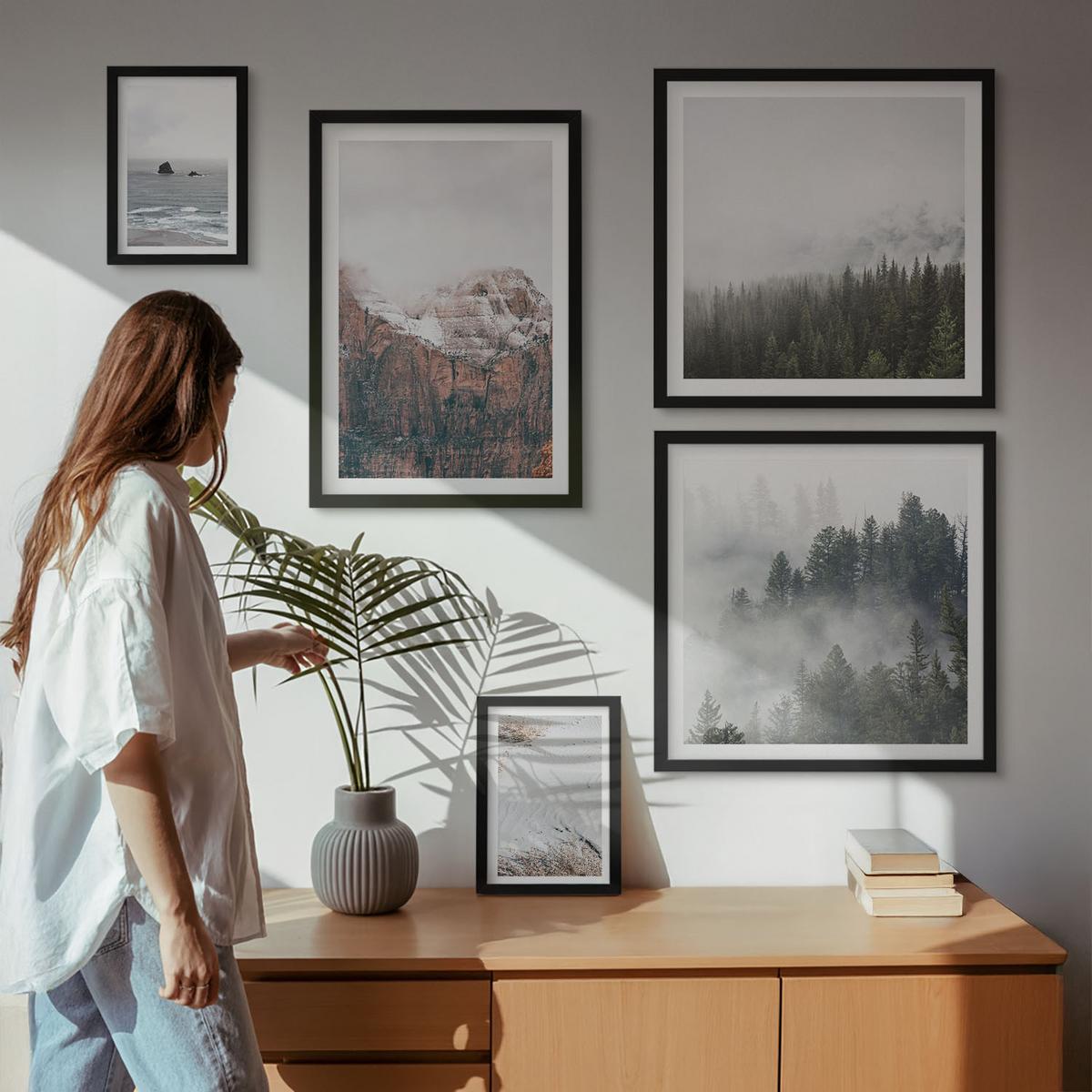 BILDER SET 5er Set - 50x50 cm & 20x30 cm & 40x60 cm Schwarzer Rahmen - Abstrakte Wellen, graue Pastellfarben - Schwarz, Kunststoff (40/60cm) - TULUP