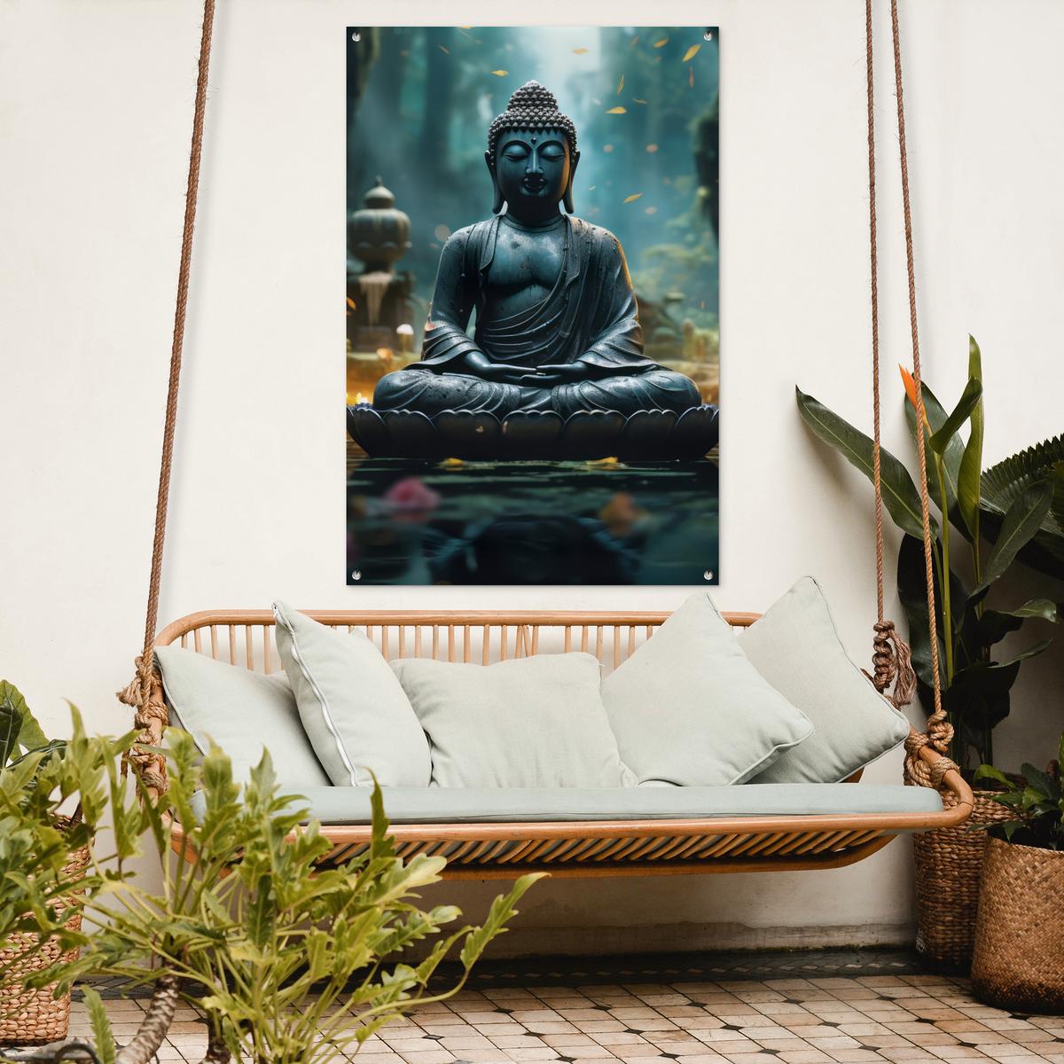GARTENPOSTER Buddha - Statue - Buddha - Zen - Kunst - Buddha Outdoor Bilder 80x120 cm - Dunkelgrau, Kunststoff (80/120/0.2cm) - OnlyWow