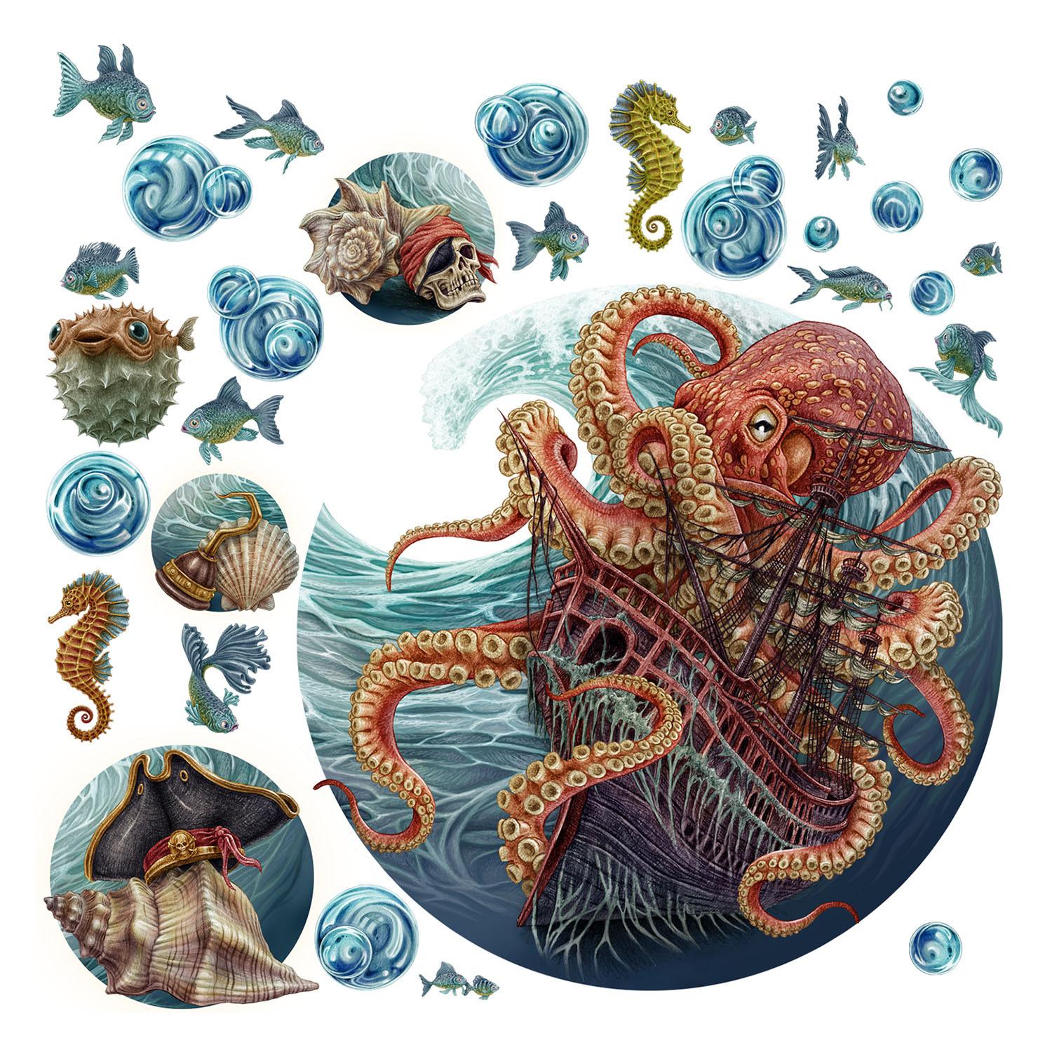 WANDAUFKLEBER 80x96cm - Die Unterwasserwelt des Oktopus - Multicolor, Kunststoff (80/96/0.1cm) - Wallfluent