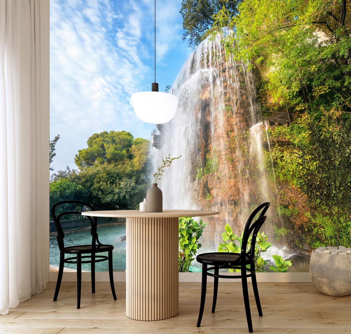 FOTOTAPETE für Wohnzimmer Wasserfall Nizza Felsen Pflanzen Bäume 500x350 - Blau/Beige, Papier (500/350cm) - Muralo
