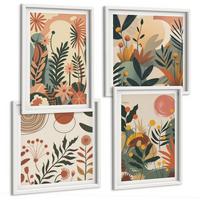 BILDER SET 4er Set - 50x50 cm & 40x60 cm Weißer Rahmen - Pastellfarbene Pflanzenmuster - Weiß, Kunststoff (50/50cm) - TULUP