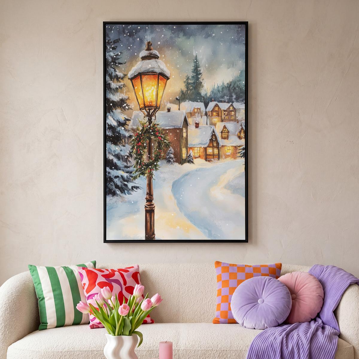 LEINWAND Bilder mit Rahmen - Weihnachtsdorf - Häuser - Schnee - Weihnachten - 100x150 - Sandfarben, Textil (100/150cm) - MuchoWow