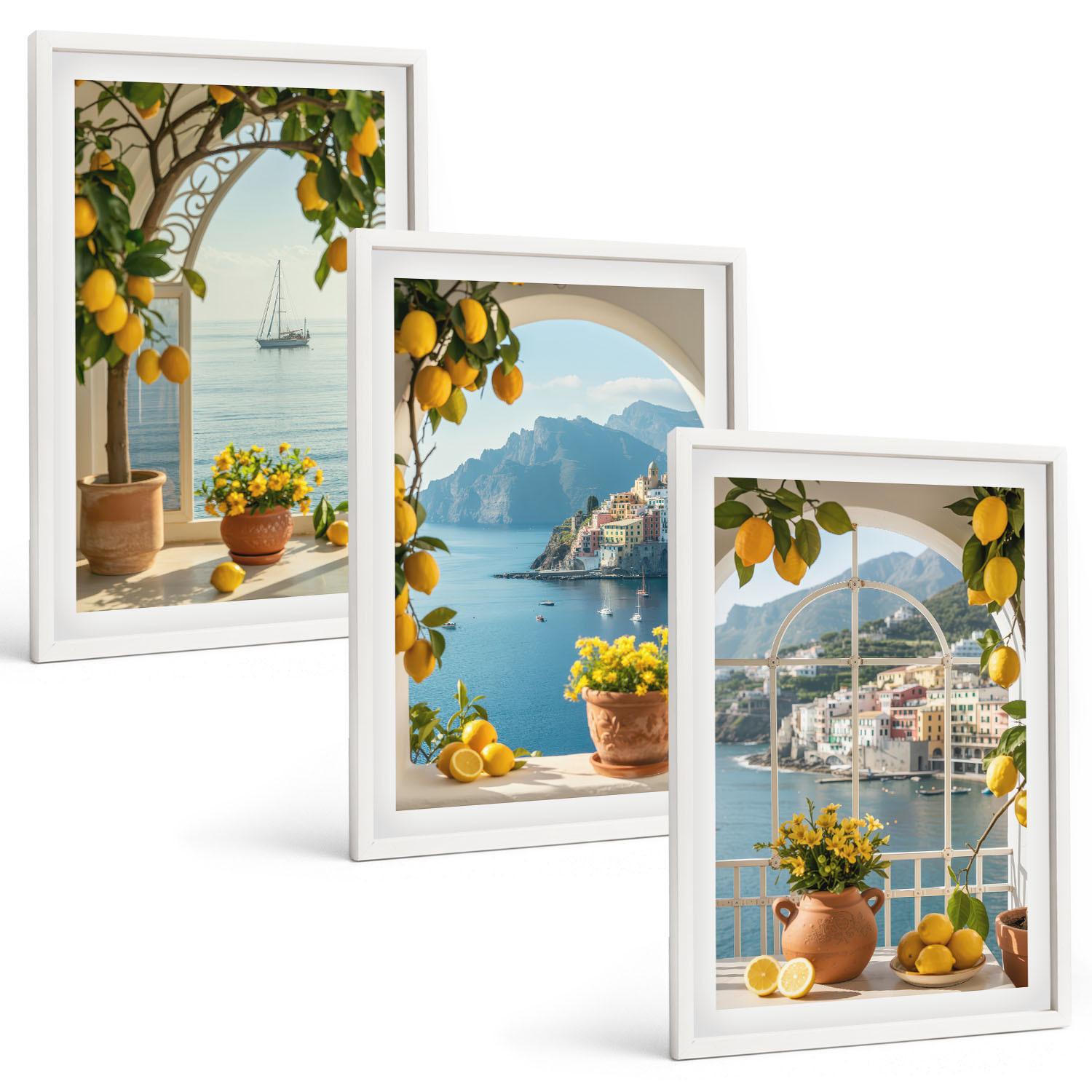 BILDER SET 3er Set - 40x60 cm Weißer Rahmen - Zitronenblumen aus der Küstenstadt - Weiß, Kunststoff (40/60cm) - TULUP