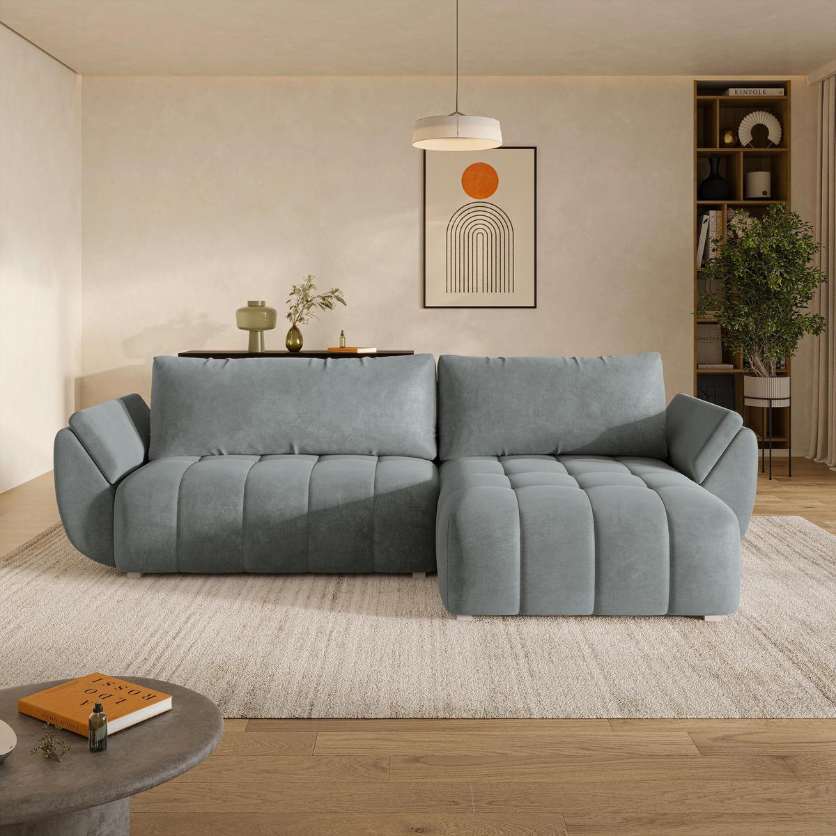 ECKSOFA OLSI Grau Velours-Stoff mit Schlaffunktion - Grau, Holz (285/148cm) - MASSENO