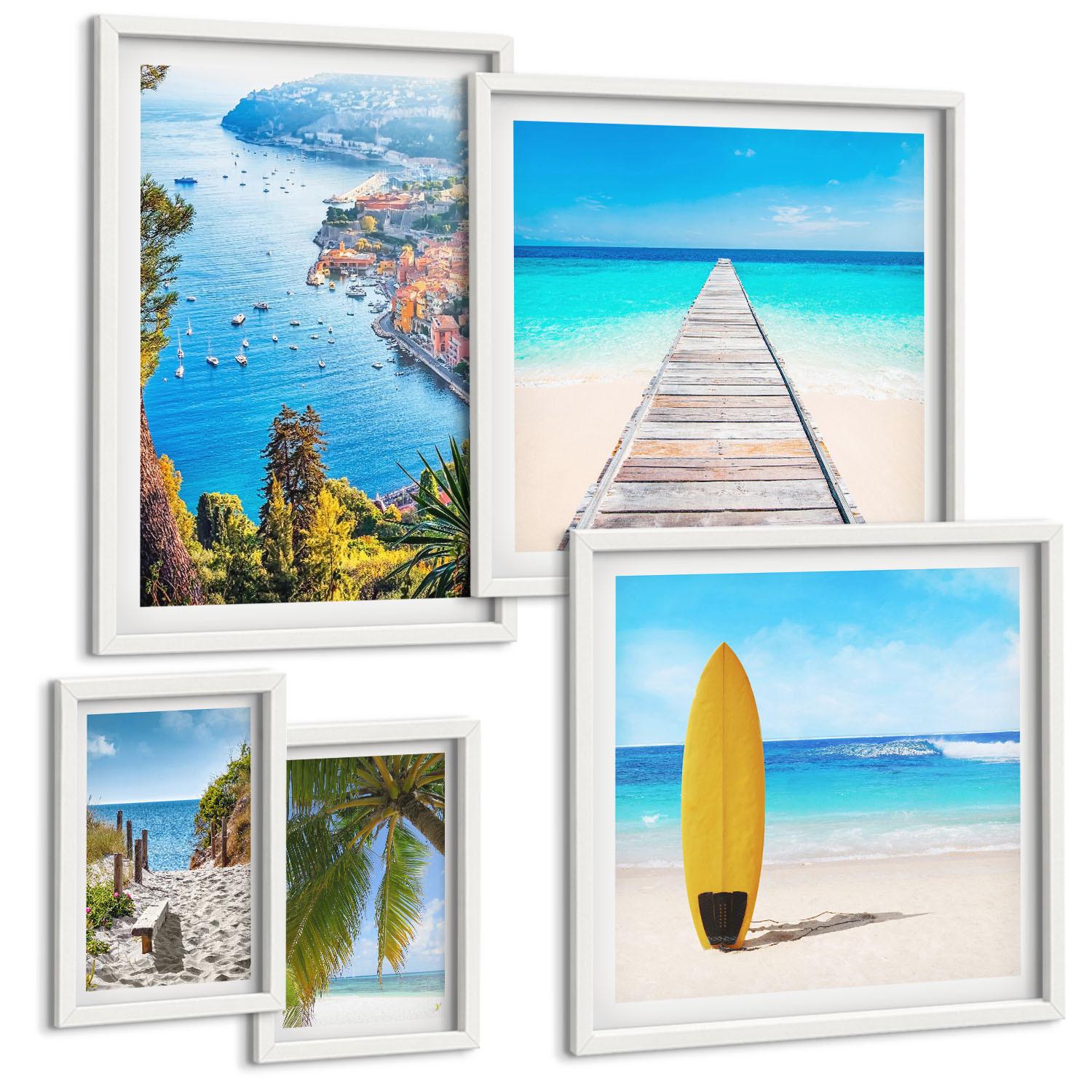 BILDER SET 5er Set - 50x50 cm & 20x30 cm & 40x60 cm Weißer Rahmen - Urlaubsblick Strand Palmen - Weiß, Kunststoff (40/60cm) - TULUP