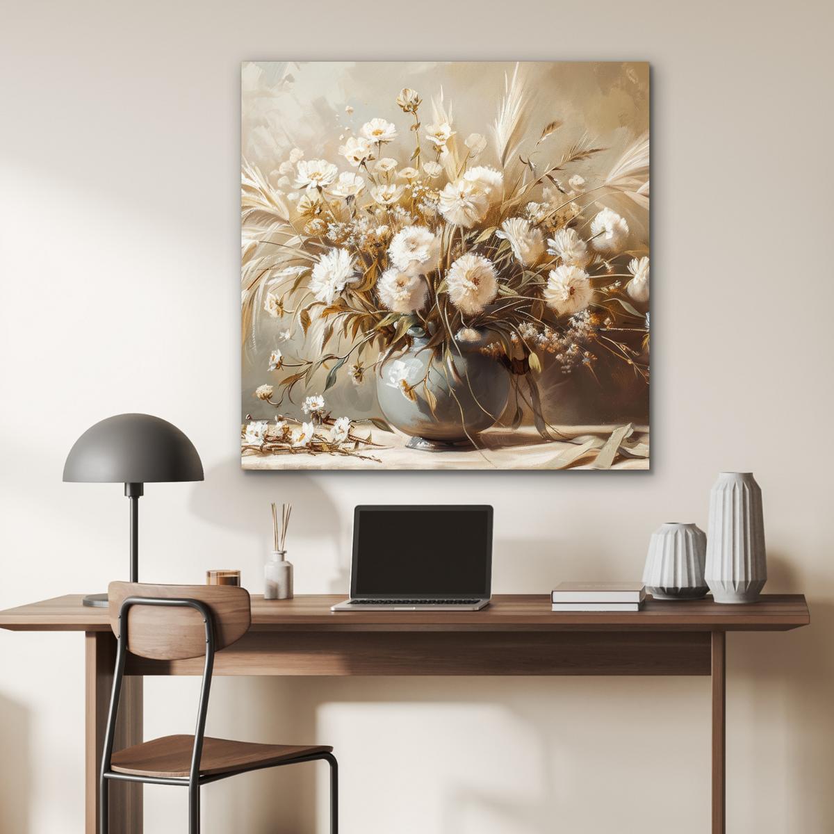 METALLBILD Blumen - Vase - Stilleben - Beige 90x90 cm - Creme, Metall (90/90cm) - MuchoWow