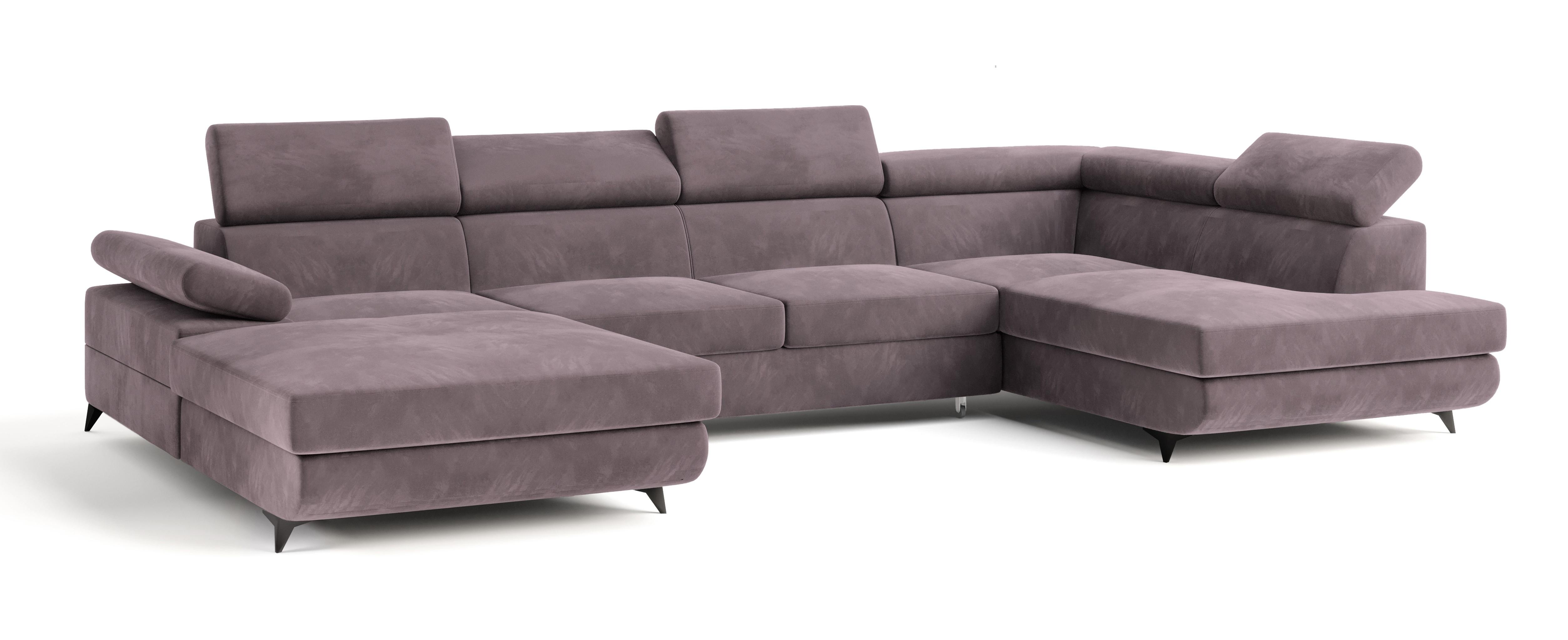 WOHNLANDSCHAFT RUBANO R-S Lila Velours-Stoff mit Schlaffunktion - Lila, Holz (339/89/190cm) - MASSENO
