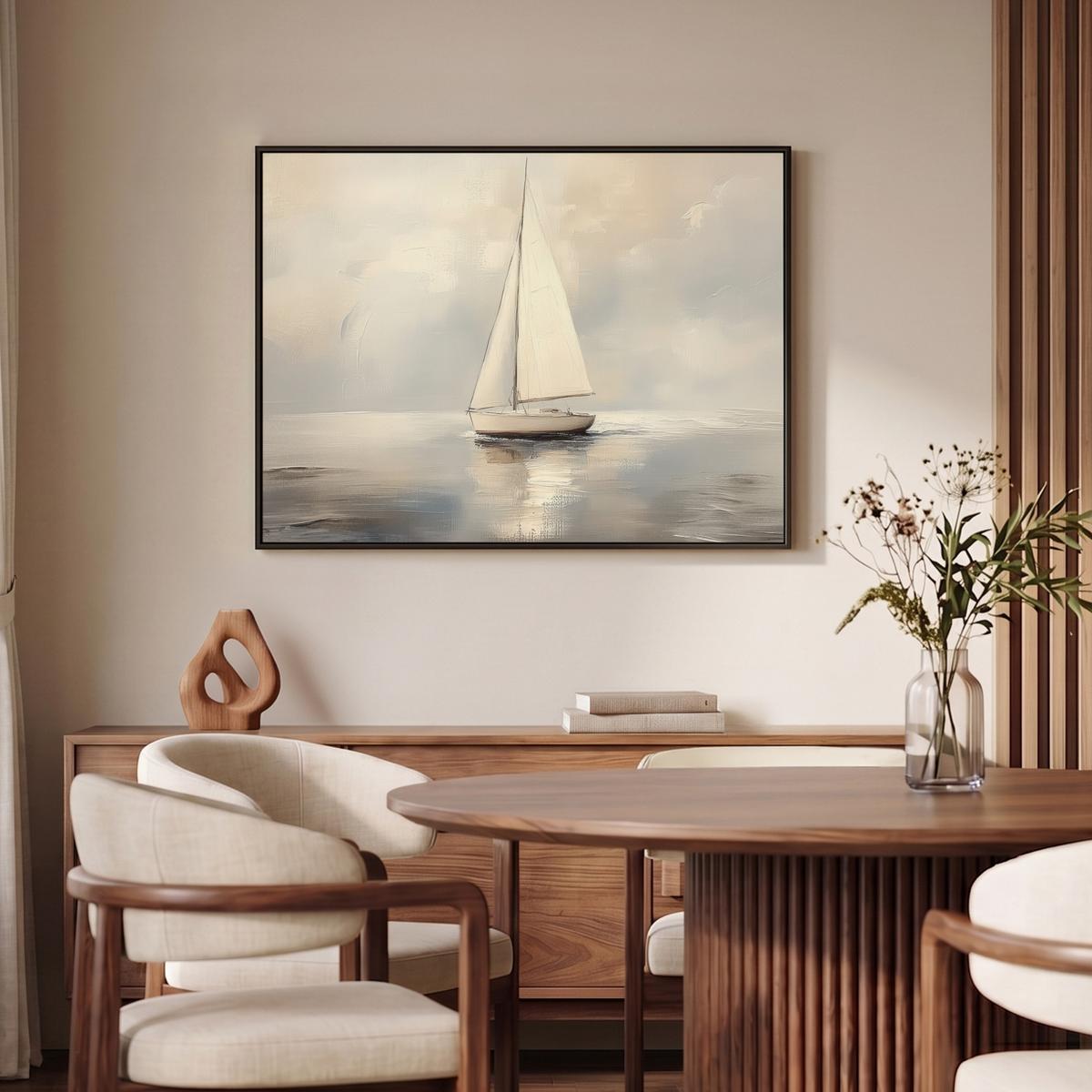 LEINWAND Bilder mit Rahmen - Segelschiff - Meer - Bewölkt - 100x70 - Creme, Textil (100/70cm) - MuchoWow