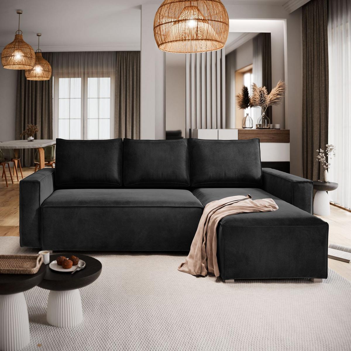 ECKSOFA SILES Schwarz Velours-Stoff mit Schlaffunktion - Schwarz/Grau, Holz/Kunststoff (230/140cm) - MASSENO